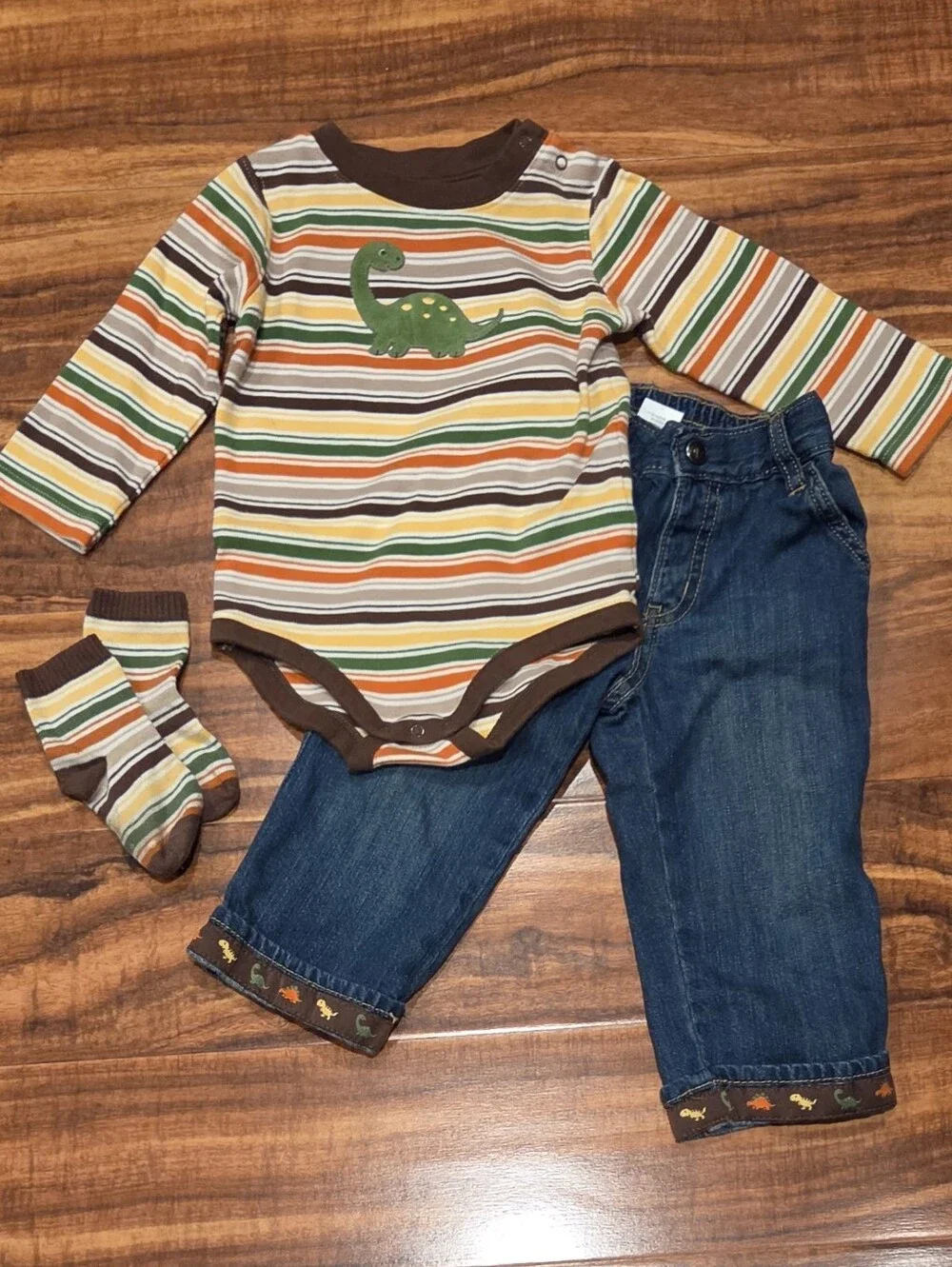 Gymboree EUC 18-24 Month Green/Orange/Brown Striped Bodysuit, Dino Jeans & Socks